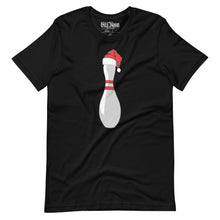 Load image into Gallery viewer, Bowling Pin with Santa Hat t-shirt
