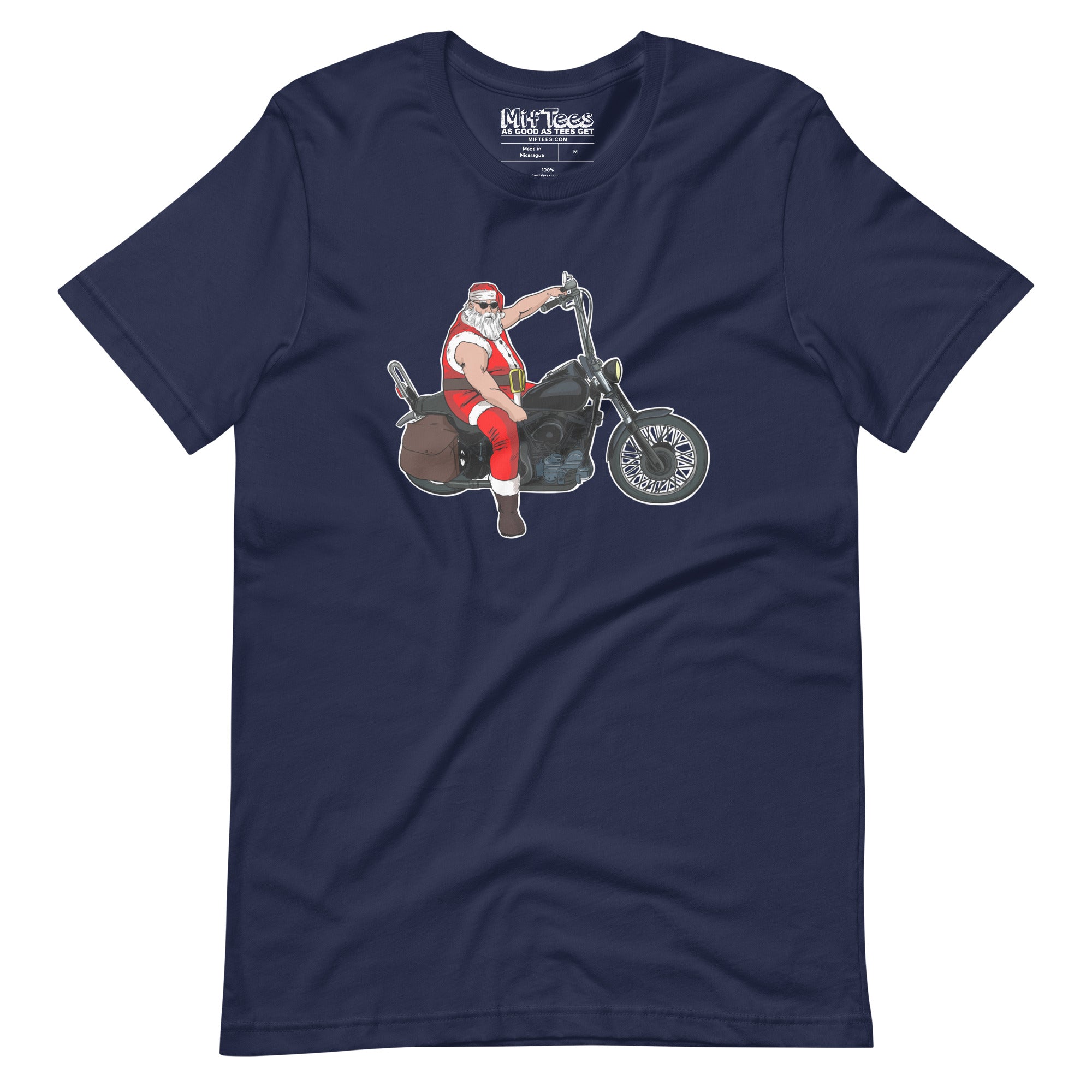 Metal Santa on Motorcycle with Sunglasses t-shirt