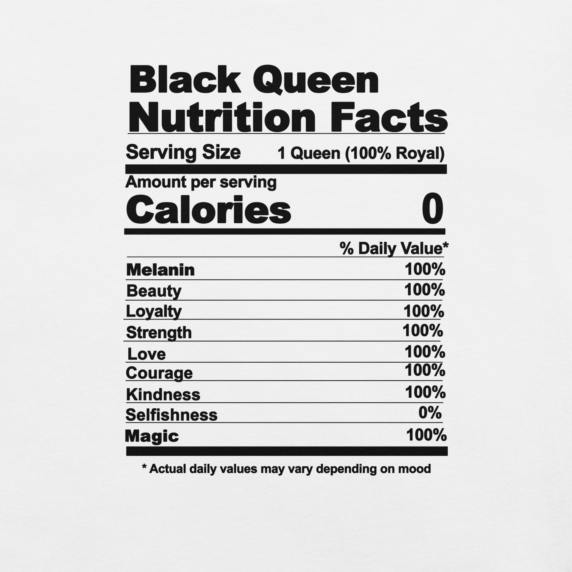 Black Queen Nutrition Facts t-shirt